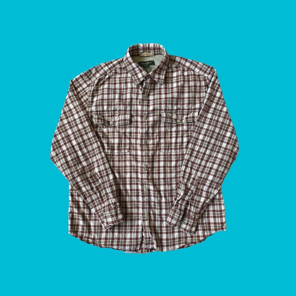 Eddie Bauer Button Shirt Red Cream Mini Plaid 100% Cotton Men Size Medium